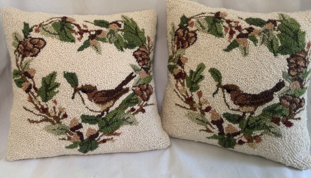 Susan Wingate Bird And Nature Needlepoint Pillows 14x14, 2 Pillows Cottagecore